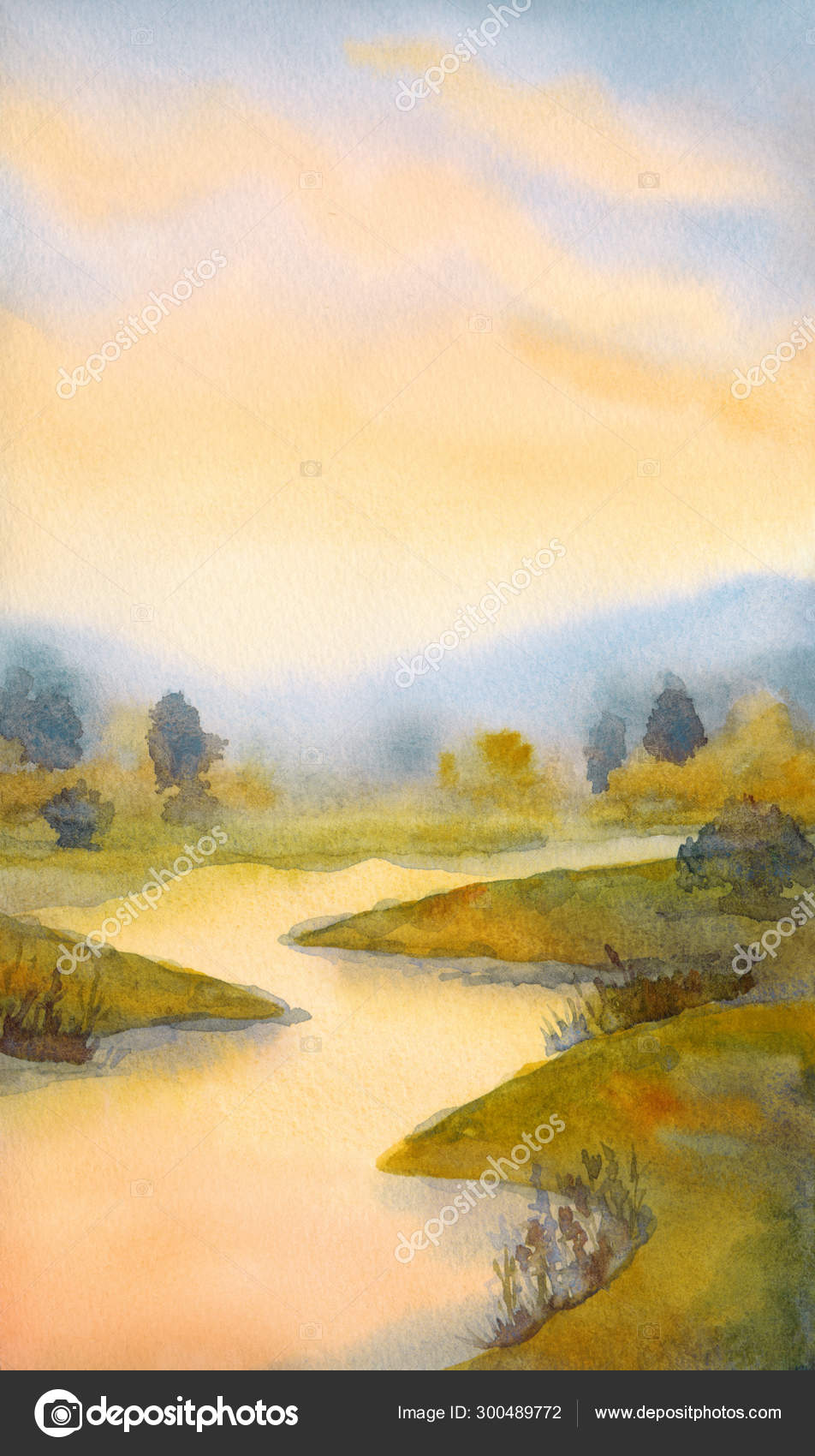 watercolor original landscape painting tranquil watercolour painting Original Watercolour Landscape of green fields calming landscape