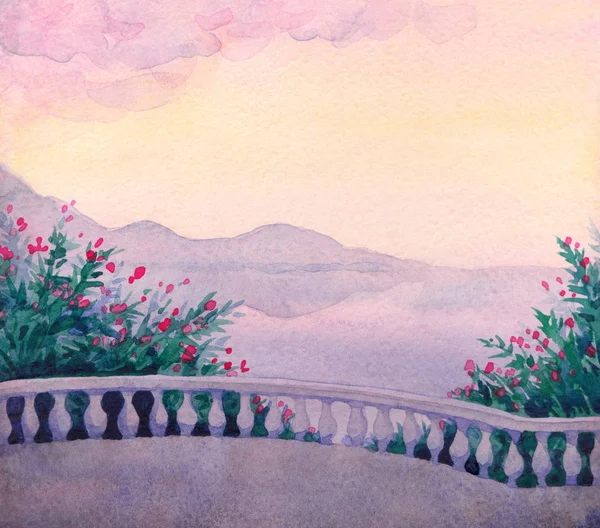 Watercolor landscape. Terrace with flowers by the sea — Stock Photo, Image