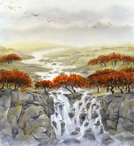 Paisagem aquarela. Fluxo de montanha flui através do campo de outono — Fotografia de Stock