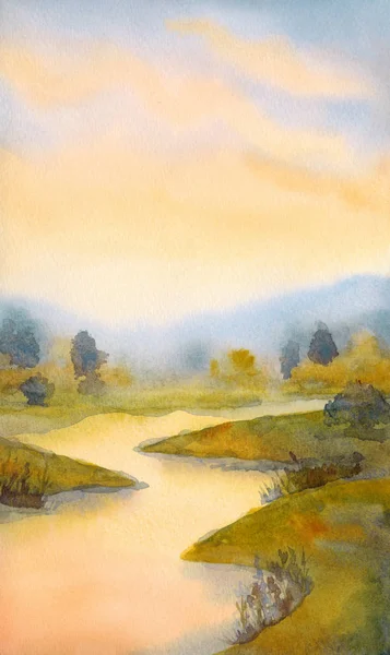 Paysage aquarelle. Coucher de soleil sur la rivière — Photo