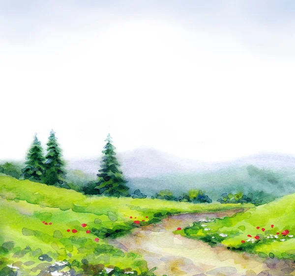 Watercolor landscape. Mountain path among fir trees Royalty Free Stock Photos