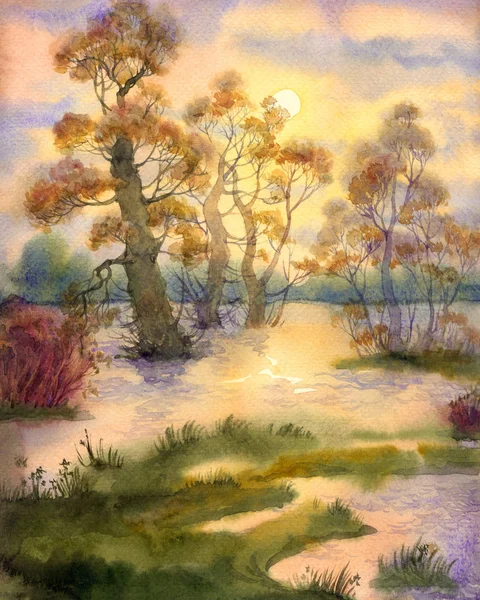 Watercolor landscape. Spring flooding river — Stock Photo, Image