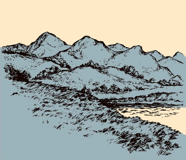 Le sentier au bord du lac de montagne. Dessin vectoriel — Image vectorielle