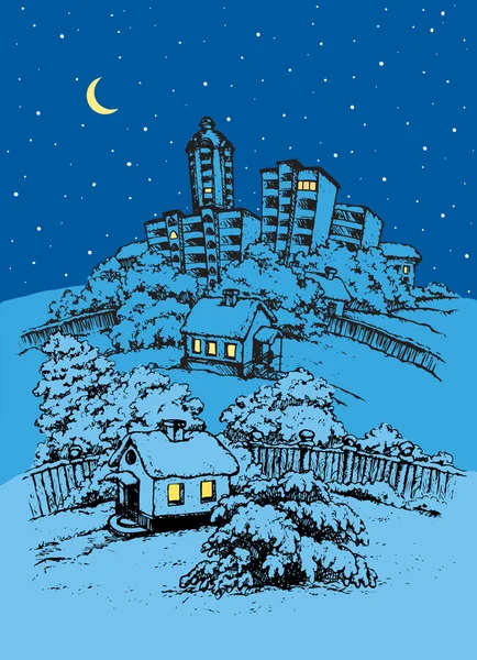 Le village en hiver. Dessin vectoriel — Image vectorielle