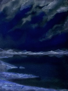 Suluboya manzara. Gölün üzerinde gökyüzünde bulutlar