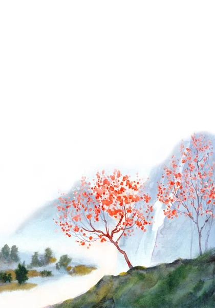 Träd med en fjällbäck. Akvarell landskap — Stockfoto