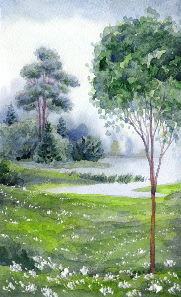 Watercolor landscape. Forest near the lake