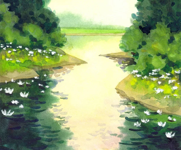Teich mit Lilien. Aquarellmalerei — Stockfoto