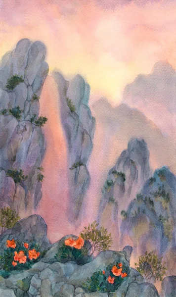 Mountain stream falls among the rocks at sunset — Stock Photo, Image