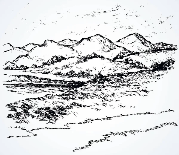 El camino junto al lago de la montaña. Dibujo vectorial — Vector de stock