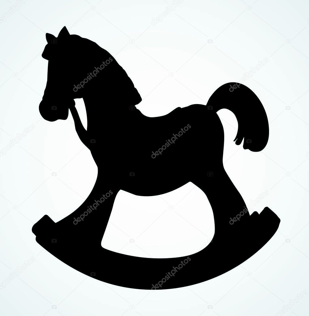 Cute craft decorative saddle seat swing object on light backdrop. Dark ink hand drawn flat logotype emblem design in modern art contour engrave print style on paper text space. Closeup view