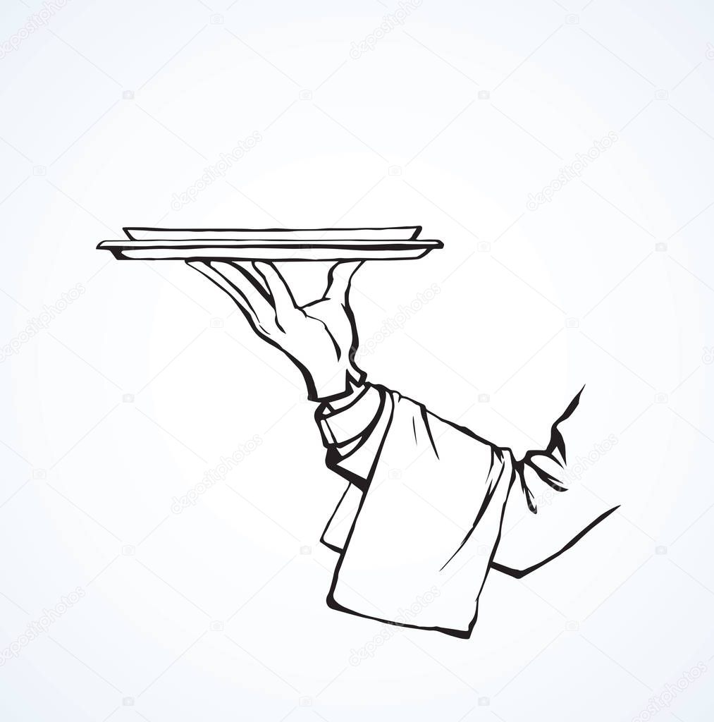Hand of waiter with dish. Vector drawing