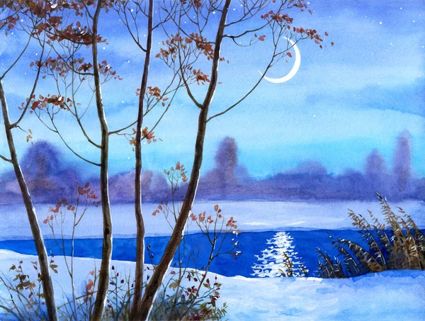 Halve maan over de winter rivier. Aquarel schets — Stockfoto