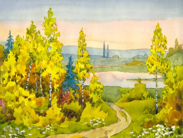 Bright hand drawn watercolor drawing scene. The path to the lake — Stock Photo, Image
