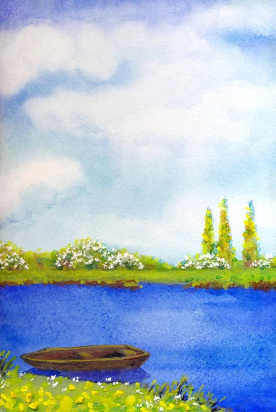 Watercolor landscape. White clouds on blue sky over lake — Stock Photo, Image