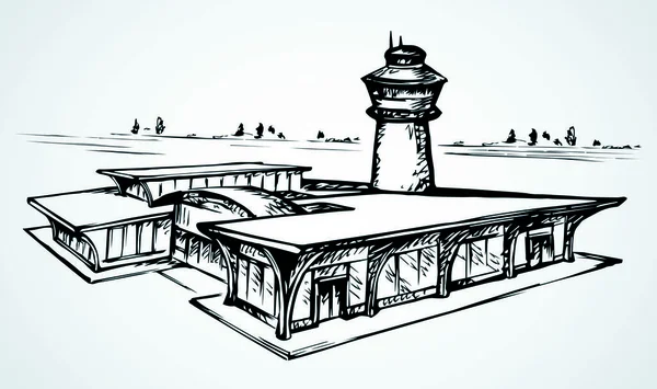 Bâtiment d'aéroport. Croquis de dessin vectoriel — Image vectorielle