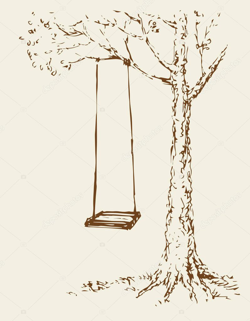 Vector Sketch. Swing on old oak tree