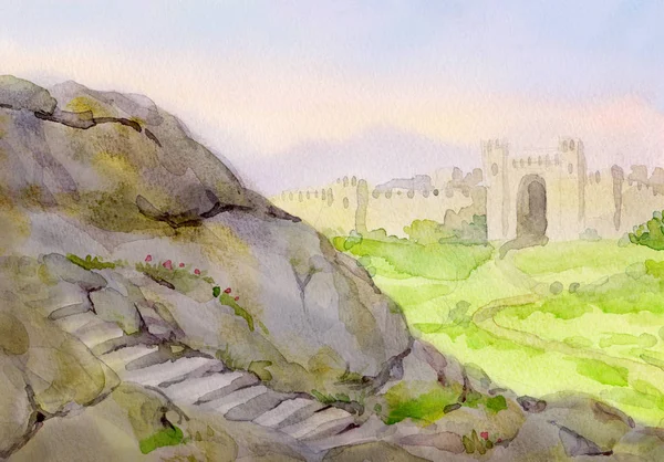 Akvarell landskap. Fältet vid den gamla fästningen — Stockfoto