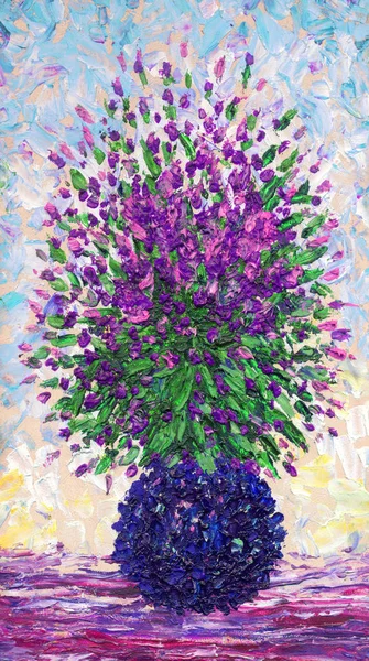 Still life oil. Charming bouquet of fragrant purple flowers in a — Stock Photo, Image