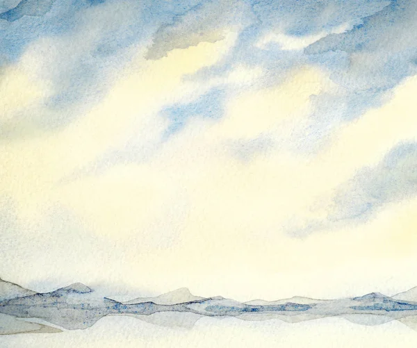 Акварельный пейзаж. Облака в небе над озером — стоковое фото