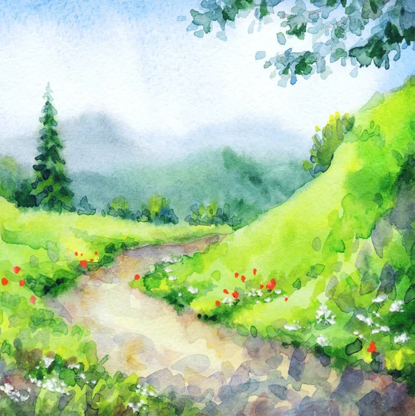 Watercolor landscape. Mountain path among fir trees Royalty Free Stock Images