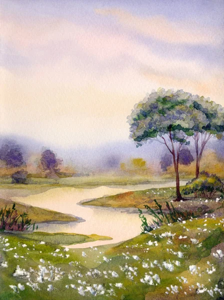 Paysage aquarelle. Coucher de soleil sur la rivière — Photo