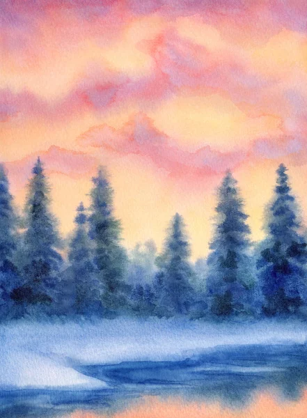 Paisagem aquarela. Floresta de Inverno — Fotografia de Stock