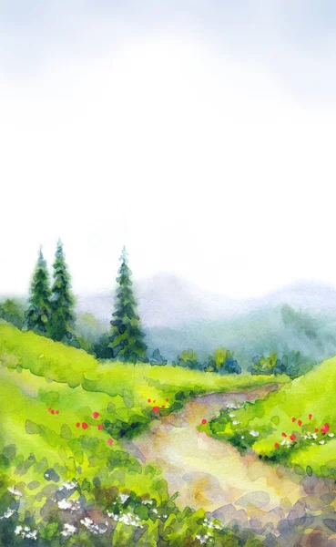 Watercolor landscape. Mountain path among fir trees Stock Picture