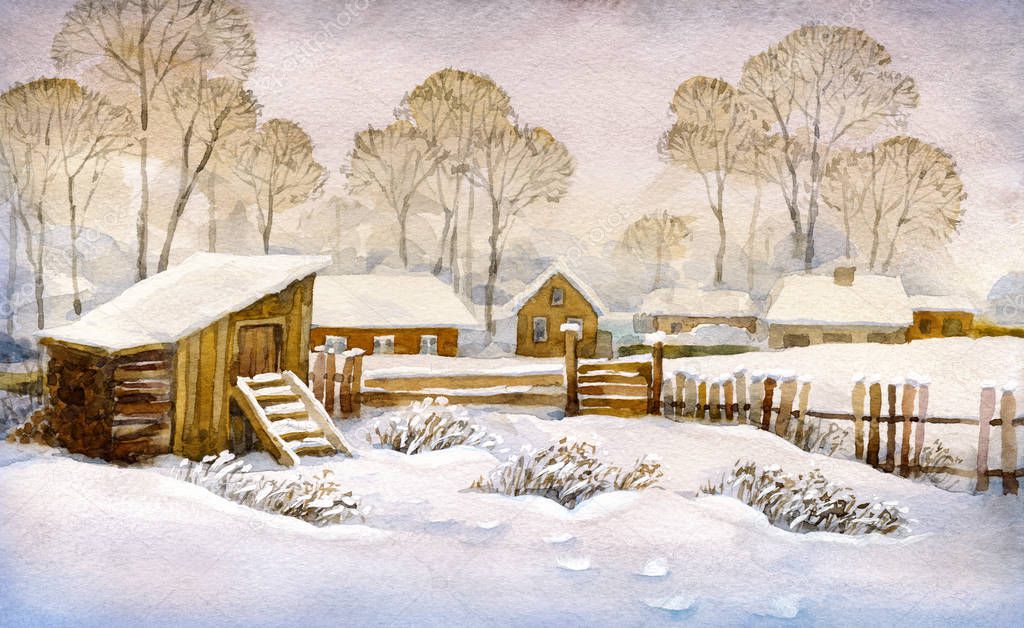 Watercolor landscape of old winter village