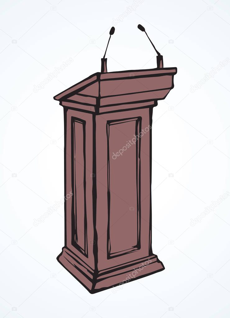 Empty wood grandstand on white press interview scene background. Line black ink hand drawn husting place object logo pictogram sketchy in vintage art doodle cartoon style pen on paper space for text