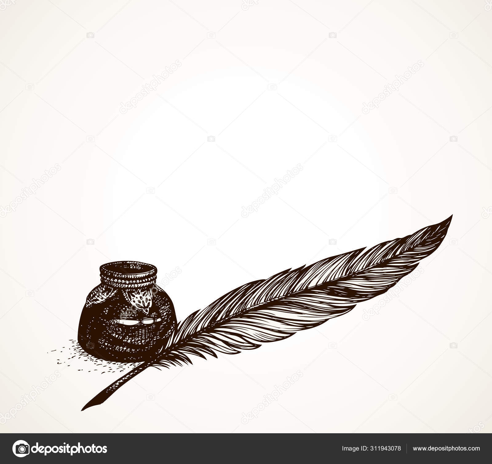 Feather pen. Drawing of ancient pen on white background in doodle style.  Concept for education. Stock Vector