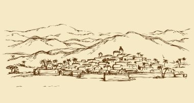 Şehir bir çölde. Vektör çizim