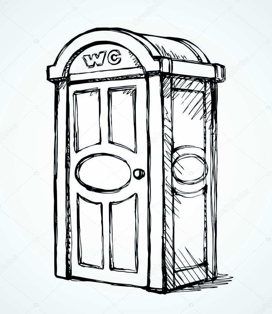 Clean blue pee cubicle stall gear set on white paper text space. Outline black ink hand drawn camp event poop waste hygiene bin box logo pictogram sign in art modern doodle style. Close up line view