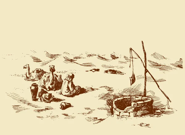 El hombre y los camellos se marchitaron en el desierto. Dibujo vectorial — Vector de stock