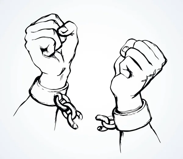 Hands tearing shackles. Vector drawing — ストックベクタ