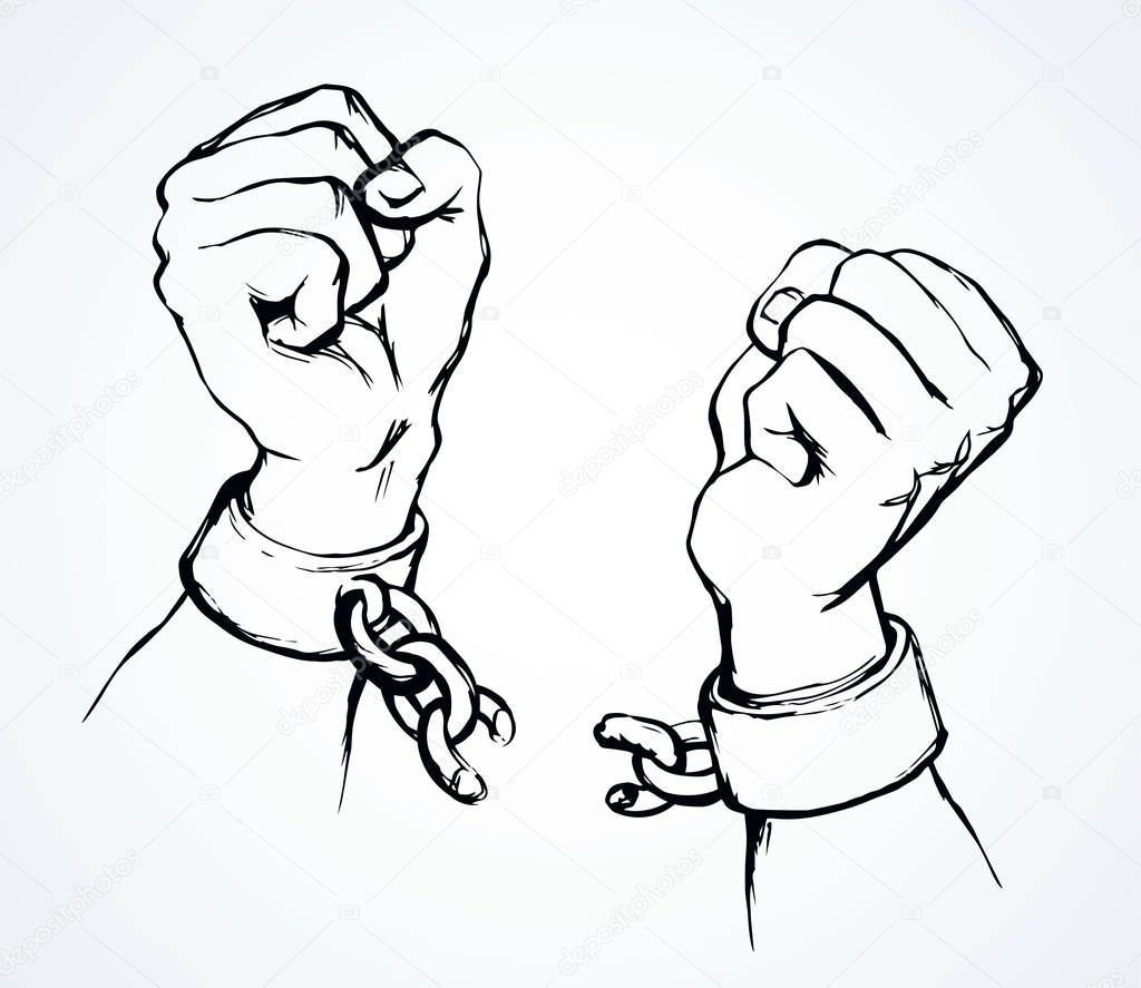 Hands tearing shackles. Vector drawing