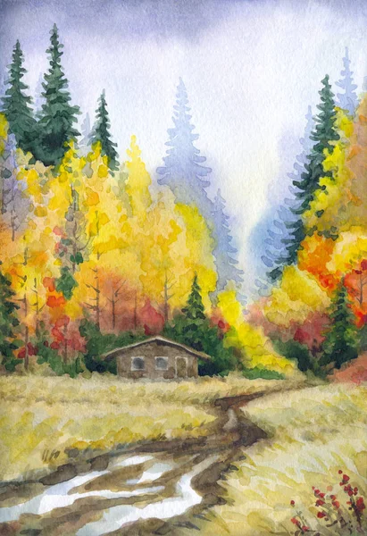 Akvarelllandskap. Vägen till höstskogen — Stockfoto