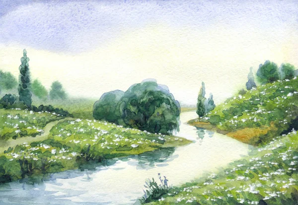 Watercolor landscape. River in summer field — Stock Photo, Image