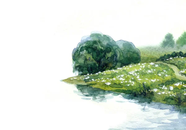 Aquarelllandschaft. Fluss im Sommerfeld — Stockfoto