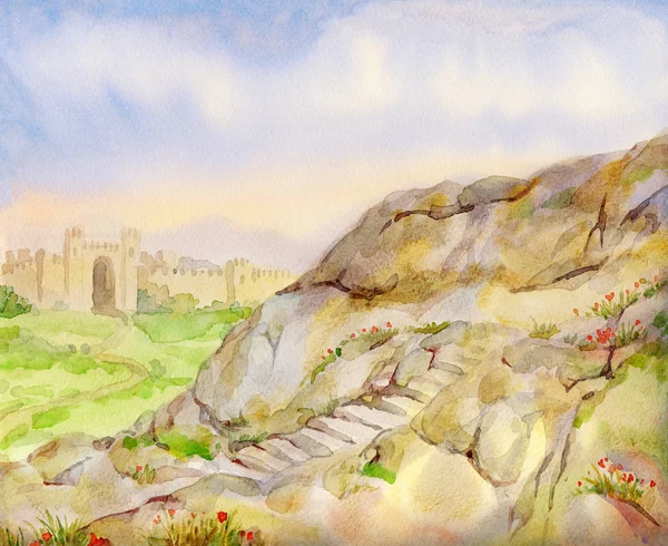 水彩画の風景。古い要塞のフィールド — ストック写真