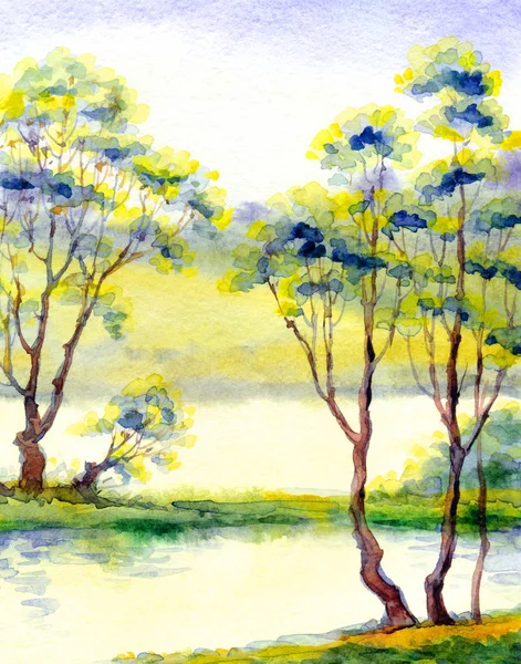 Akvarelová krajina. Stromy u jezera — Stock fotografie