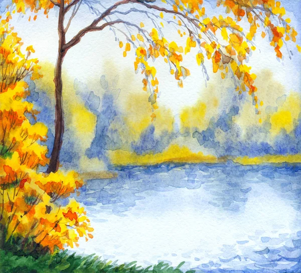 Krajobraz akwareli. Jezioro w jesiennym lesie — Zdjęcie stockowe