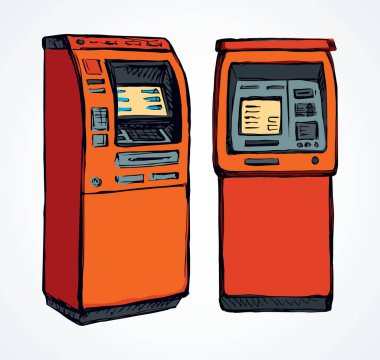 Web hattı mağazası kredi görüntüleme bancomat kiosk pin tuş takımı veznedar aygıtı beyaz kağıt üzerinde. Kırmızı renk el çizilmiş dolar banknotları maaş monitörü logo simgesi simgesi konsepti grafik çizgi film stili