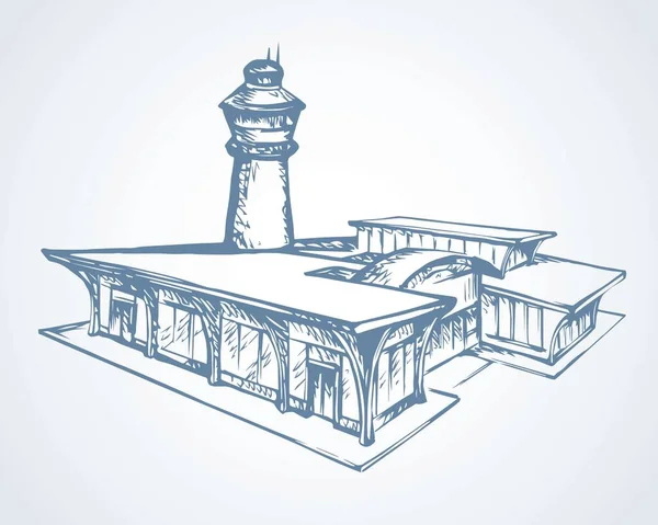 Kleines Beobachtungshaus Für Den Städtischen Flugplatz Auf Weißem Feld Freihändig — Stockvektor