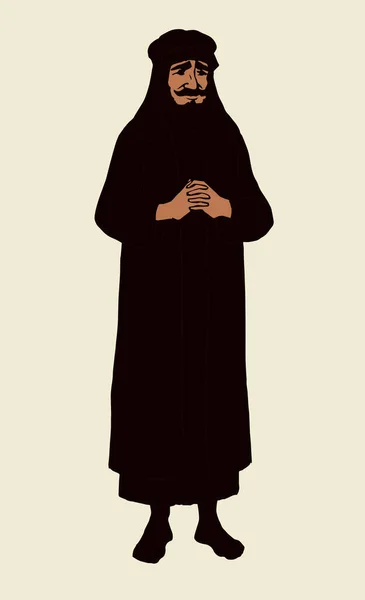 长胡子游牧民族去做礼拜 年迈的中东犹太耶稣 传教士服装 酋长帽 线条黑色墨水手绘人物标志图标复古卡通风格 — 图库矢量图片