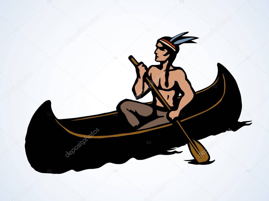 Aztec male leisure drift on white pond text space. Outline black hand drawn ethnic west usa red apache human maya oarsman outdoor logo. Pictogram emblem label design in retro art doodle cartoon style