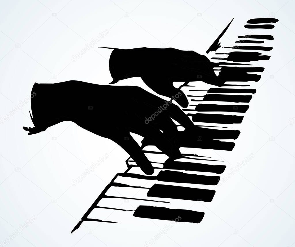 Outline lady arm press pianoforte on light forte backdrop text space. Line drawn creative leisure logo pictogram concept design in antique artistic doodle cartoon pattern print style. Close up view