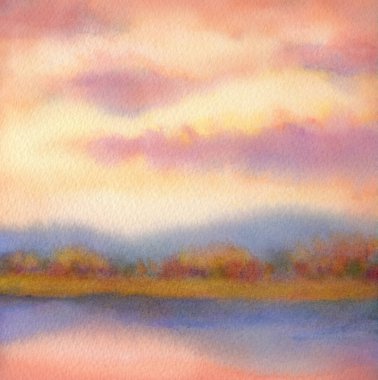 Kağıt zemin üzerinde renkli, neşeli el yapımı suluboya. Pembe cennetteki yazı için de yer var. Ufuktaki yemyeşil çalılarla aydınlık güneş ışığının üzerindeki parlak mor kümülüs berrak akıntıya yansıyor.