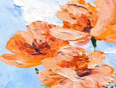 Parlak modern gouache pembe boya pastel eskiz desenli görünüm. Canlı turuncu renkli el, akrilik botanik tomurcuk kök otu çizmiş. Retro yaratıcı beyaz kağıt branda fırça tebrik kartı tarzı taze mavi gökyüzü sahnesi