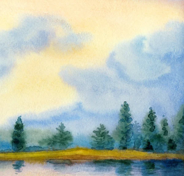 手描きの明るい水彩画のアートワークは 紙の背景テキスト空間にスケッチを描く 淡いピンク色の天国 暗い穏やかな農村部の牧草地霧の煙海のシーンビュー秋 フォグブルックベイに反映低木植物 — ストック写真